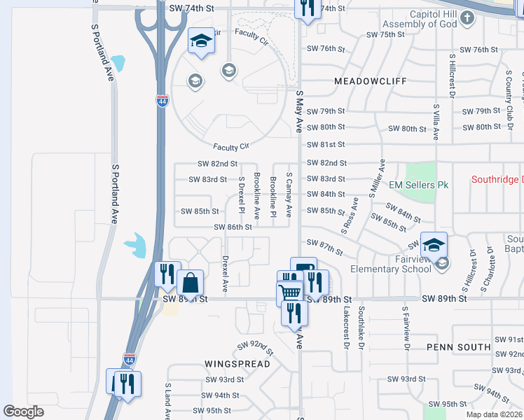 map of restaurants, bars, coffee shops, grocery stores, and more near 8505 Brookline Place in Oklahoma City