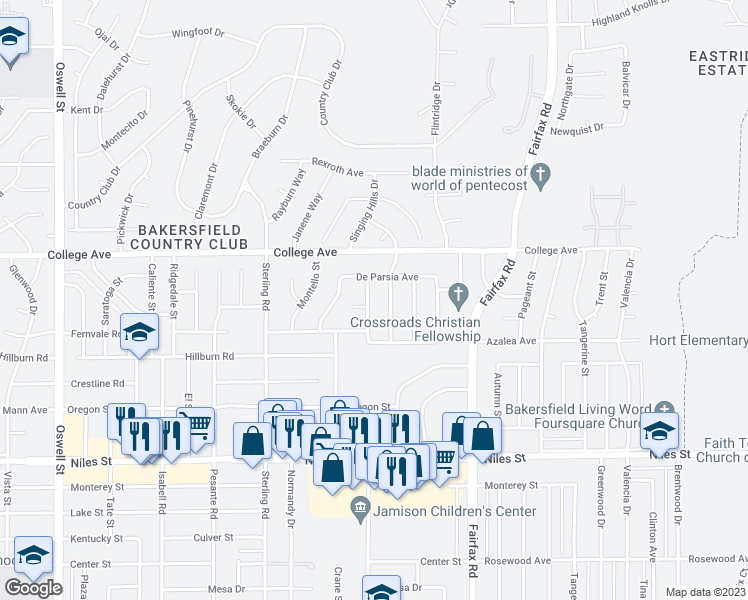 map of restaurants, bars, coffee shops, grocery stores, and more near 2701 Puder Street in Bakersfield