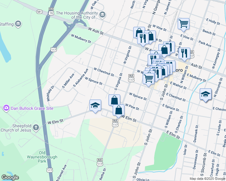 map of restaurants, bars, coffee shops, grocery stores, and more near 303 South Virginia Street in Goldsboro
