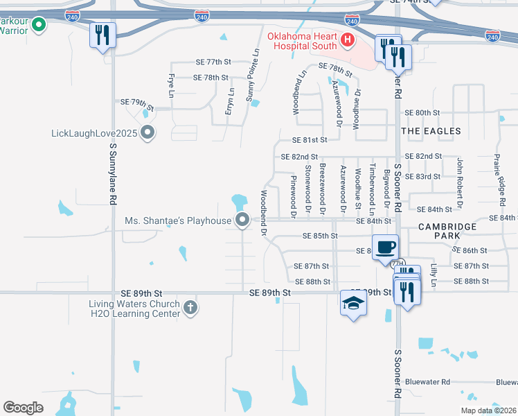 map of restaurants, bars, coffee shops, grocery stores, and more near 8425 Woodbend Drive in Oklahoma City