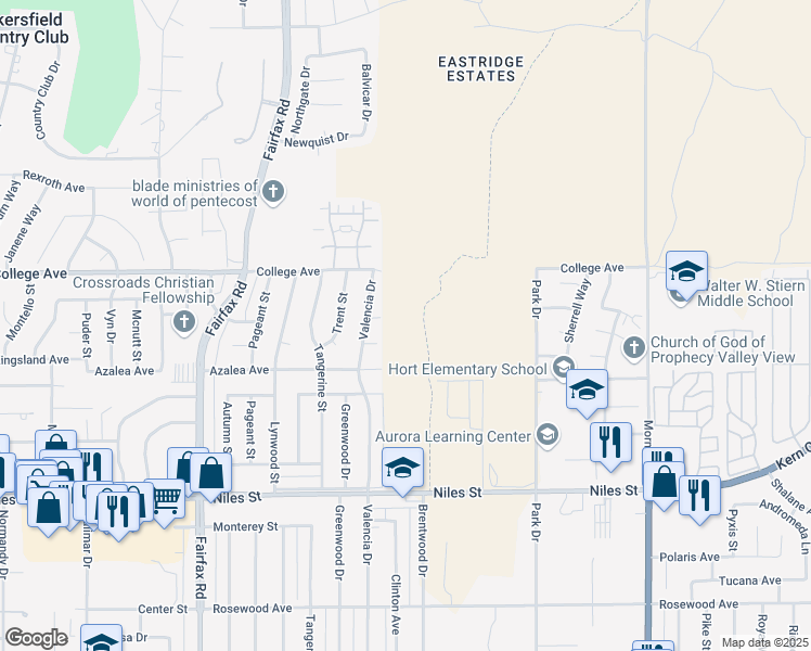 map of restaurants, bars, coffee shops, grocery stores, and more near 7201 College Avenue in Bakersfield