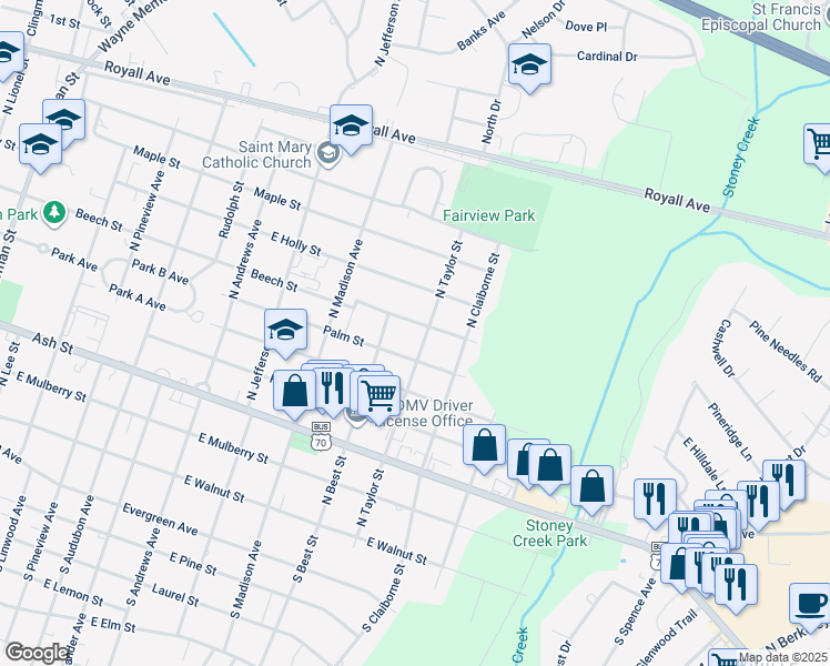 map of restaurants, bars, coffee shops, grocery stores, and more near 1808 Beech Street in Goldsboro