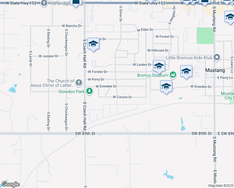 map of restaurants, bars, coffee shops, grocery stores, and more near 1116 South Douglas Drive in Mustang