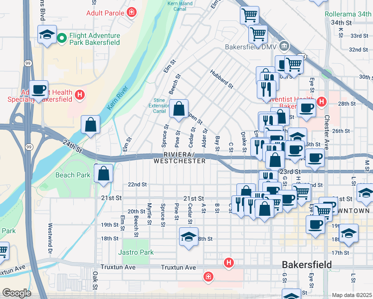 map of restaurants, bars, coffee shops, grocery stores, and more near 2419 Cedar Street in Bakersfield