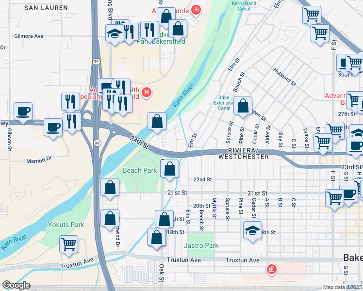 map of restaurants, bars, coffee shops, grocery stores, and more near 2480 Olive Street in Bakersfield