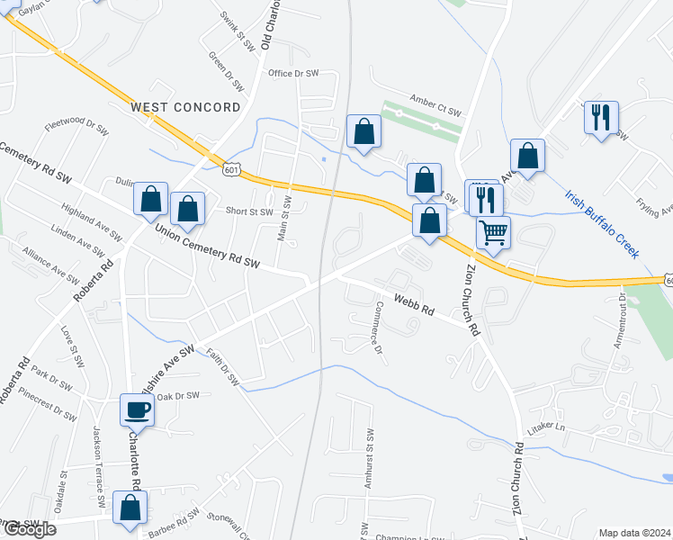 map of restaurants, bars, coffee shops, grocery stores, and more near 60 Concord Chase Circle Southwest in Concord