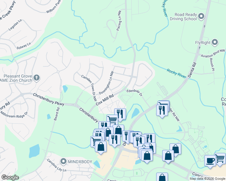 map of restaurants, bars, coffee shops, grocery stores, and more near 2258 Eversham Drive Northwest in Concord