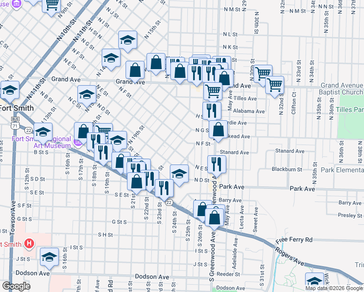 map of restaurants, bars, coffee shops, grocery stores, and more near 512 North 22nd Street in Fort Smith