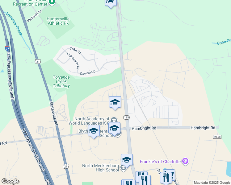 map of restaurants, bars, coffee shops, grocery stores, and more near 12449 Larue Lane in Huntersville