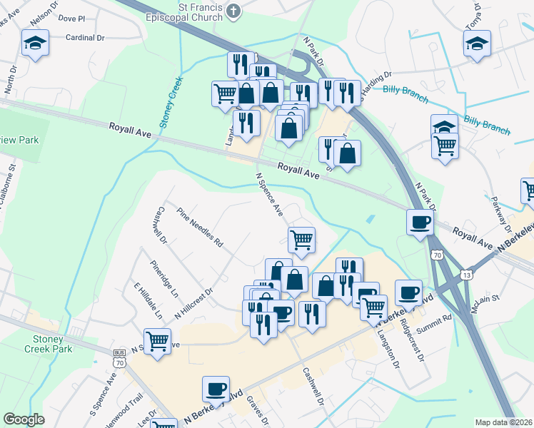map of restaurants, bars, coffee shops, grocery stores, and more near 835 North Spence Avenue in Goldsboro