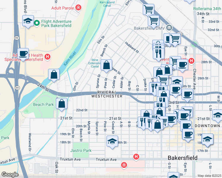 map of restaurants, bars, coffee shops, grocery stores, and more near 2419 Cedar Street in Bakersfield