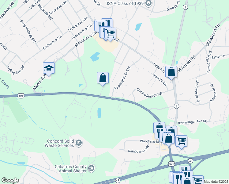map of restaurants, bars, coffee shops, grocery stores, and more near 141 Paddington Drive Southwest in Concord