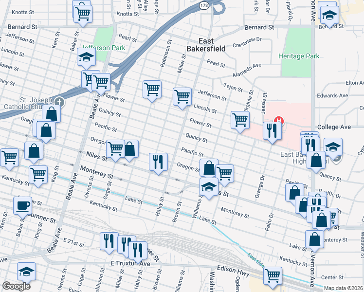 map of restaurants, bars, coffee shops, grocery stores, and more near 1406 Pacific Street in Bakersfield