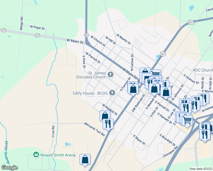 map of restaurants, bars, coffee shops, grocery stores, and more near 314 West Woodall Street in Benson