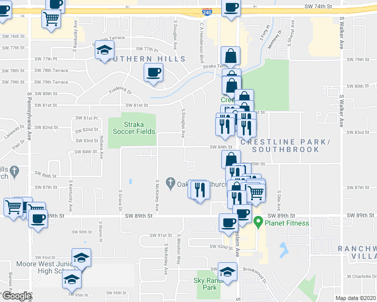 map of restaurants, bars, coffee shops, grocery stores, and more near 1010 Southwest 84th Street in Oklahoma City