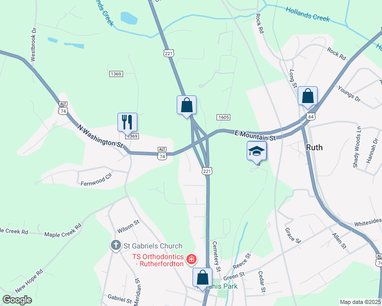 map of restaurants, bars, coffee shops, grocery stores, and more near 137 West Mountain Street in Rutherfordton