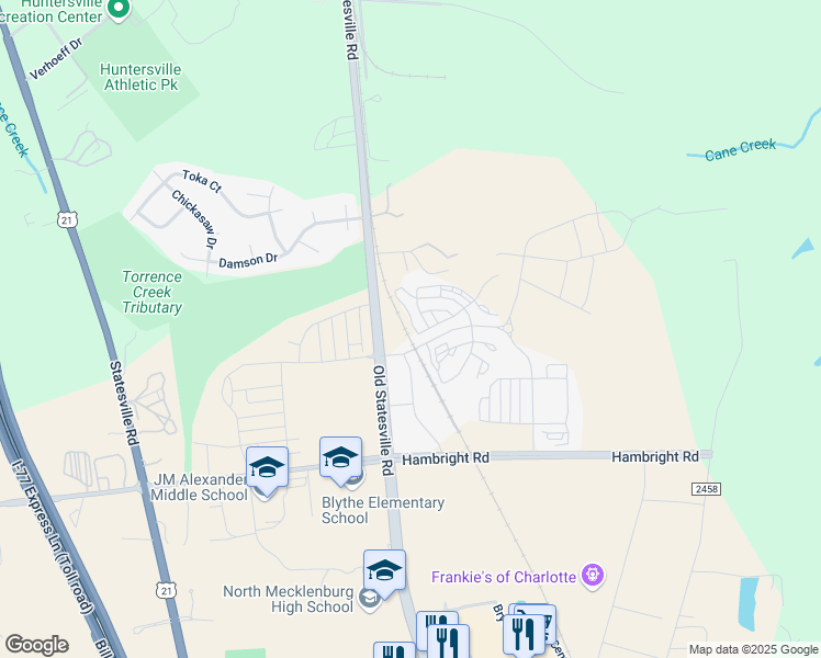 map of restaurants, bars, coffee shops, grocery stores, and more near 11830 Old Statesville Road in Huntersville