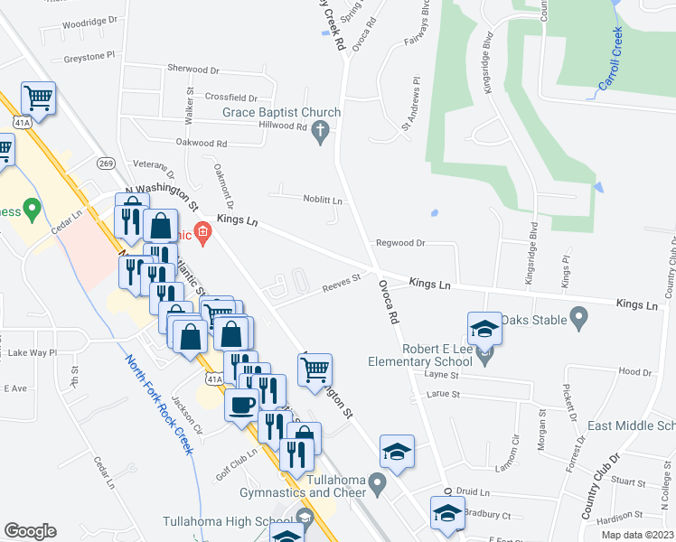 map of restaurants, bars, coffee shops, grocery stores, and more near 707 Kings Lane in Tullahoma