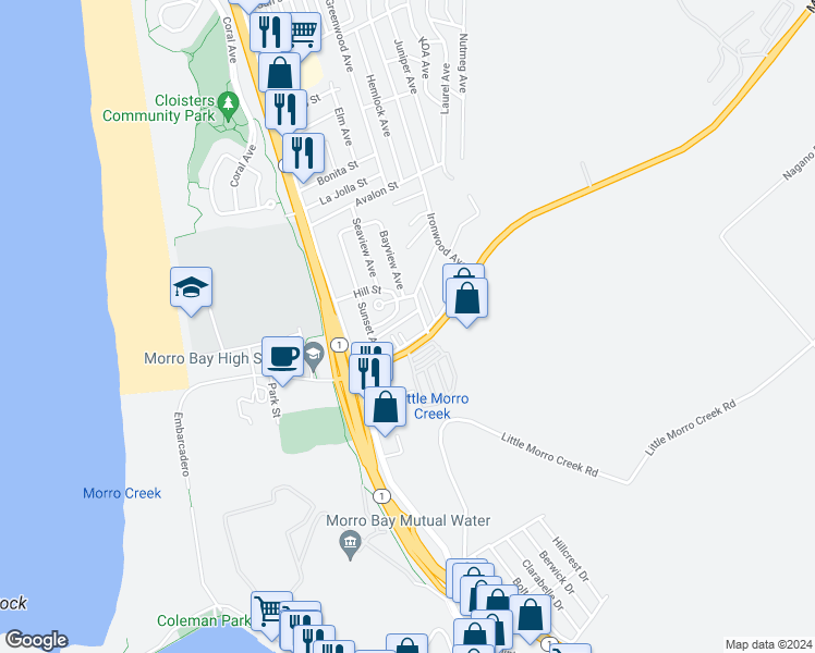 map of restaurants, bars, coffee shops, grocery stores, and more near 476 Rockview Street in Morro Bay