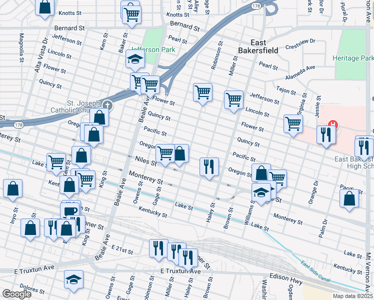map of restaurants, bars, coffee shops, grocery stores, and more near 1131 Pacific Street in Bakersfield