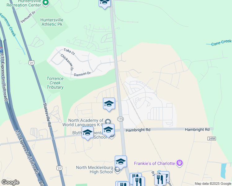 map of restaurants, bars, coffee shops, grocery stores, and more near 12449 Larue Lane in Huntersville