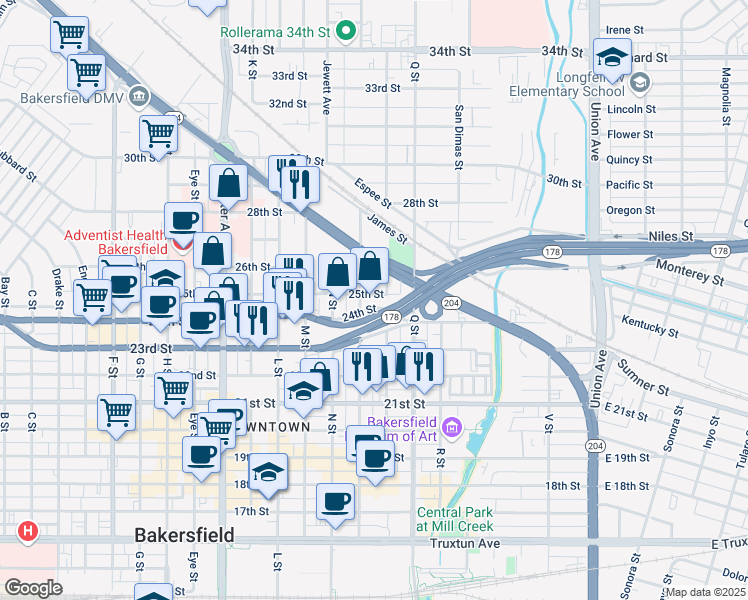 map of restaurants, bars, coffee shops, grocery stores, and more near 2503 O Street in Bakersfield