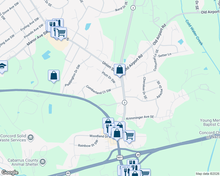 map of restaurants, bars, coffee shops, grocery stores, and more near 42 Cumberland Court Southwest in Concord