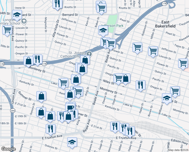 map of restaurants, bars, coffee shops, grocery stores, and more near 806 Niles Street in Bakersfield