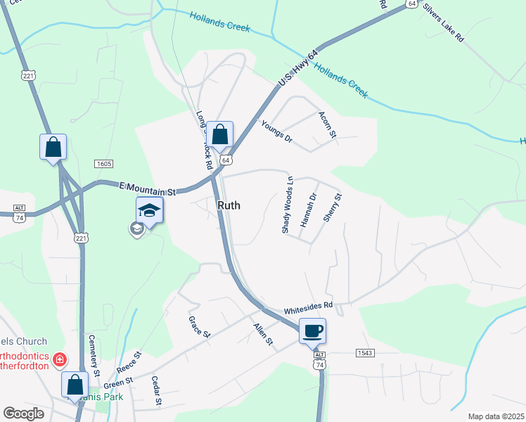 map of restaurants, bars, coffee shops, grocery stores, and more near 207 Hardy Drive in Rutherfordton