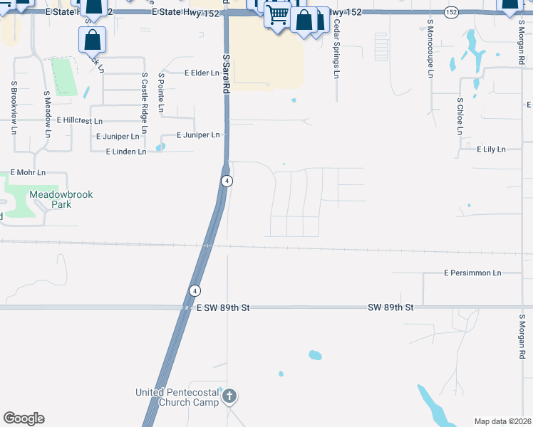 map of restaurants, bars, coffee shops, grocery stores, and more near 531 South Monocoupe Lane in Mustang