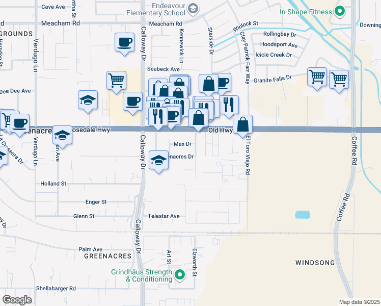 map of restaurants, bars, coffee shops, grocery stores, and more near 9404 Greenacres Drive in Bakersfield