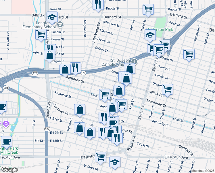 map of restaurants, bars, coffee shops, grocery stores, and more near 518 Monterey Street in Bakersfield