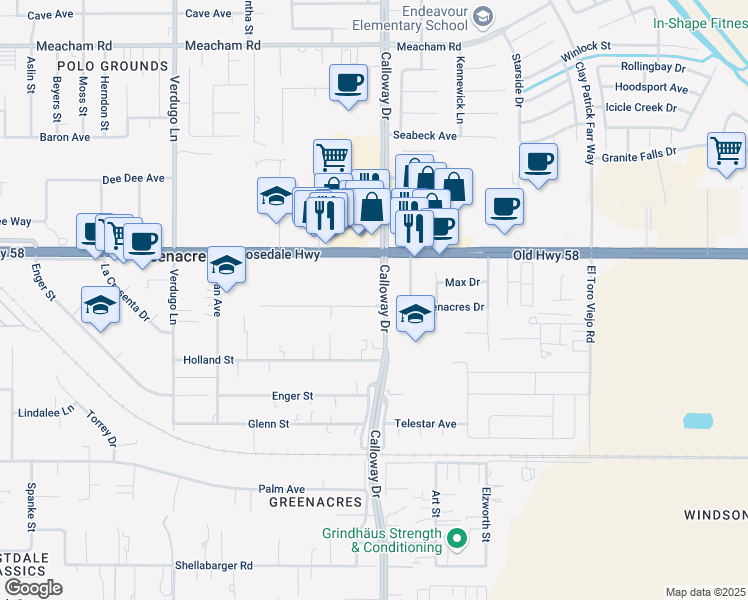 map of restaurants, bars, coffee shops, grocery stores, and more near 2409 Calloway Drive in Bakersfield