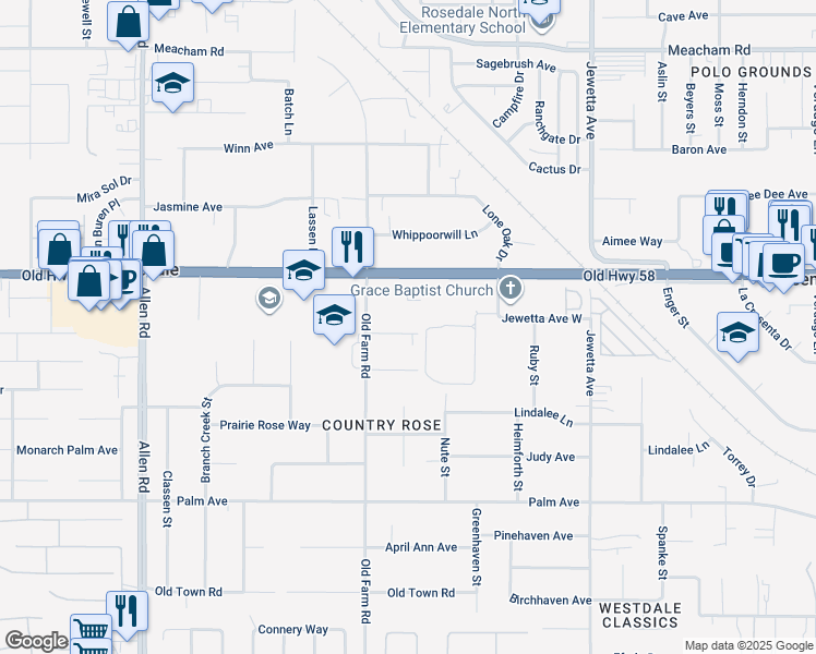 map of restaurants, bars, coffee shops, grocery stores, and more near 11900 Handel Avenue in Bakersfield