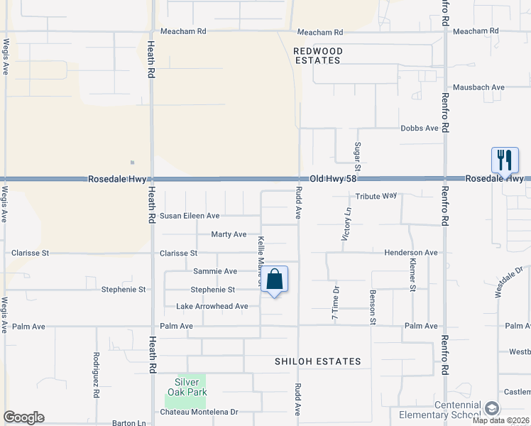 map of restaurants, bars, coffee shops, grocery stores, and more near 15417 Lila Rose Court in Bakersfield
