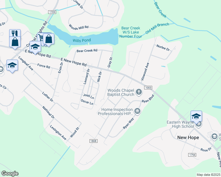 map of restaurants, bars, coffee shops, grocery stores, and more near 204 Douglas Street in Goldsboro