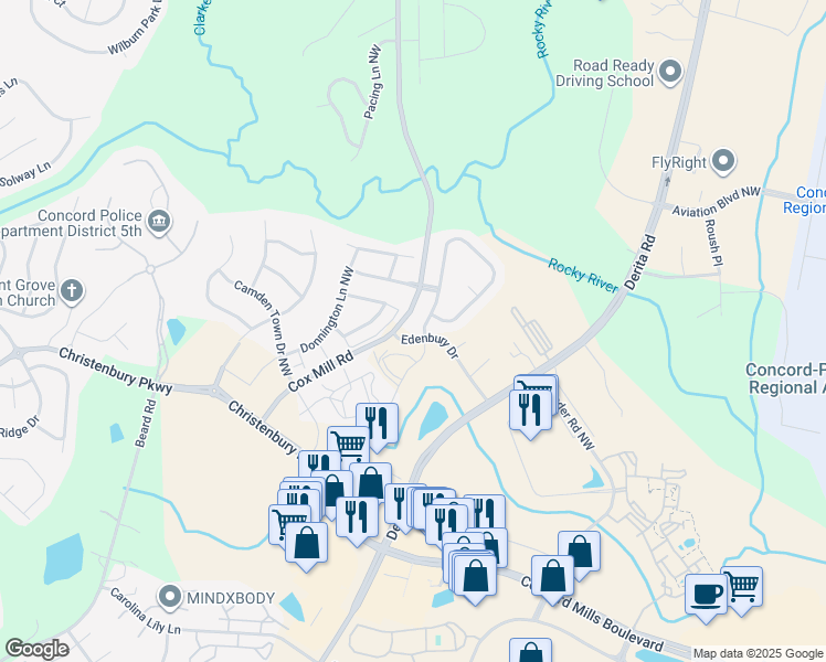 map of restaurants, bars, coffee shops, grocery stores, and more near 9659 Cox Mill Road in Concord