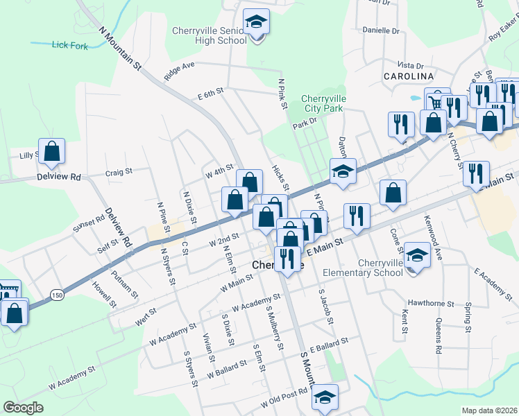map of restaurants, bars, coffee shops, grocery stores, and more near 100 East Church Street in Shelby