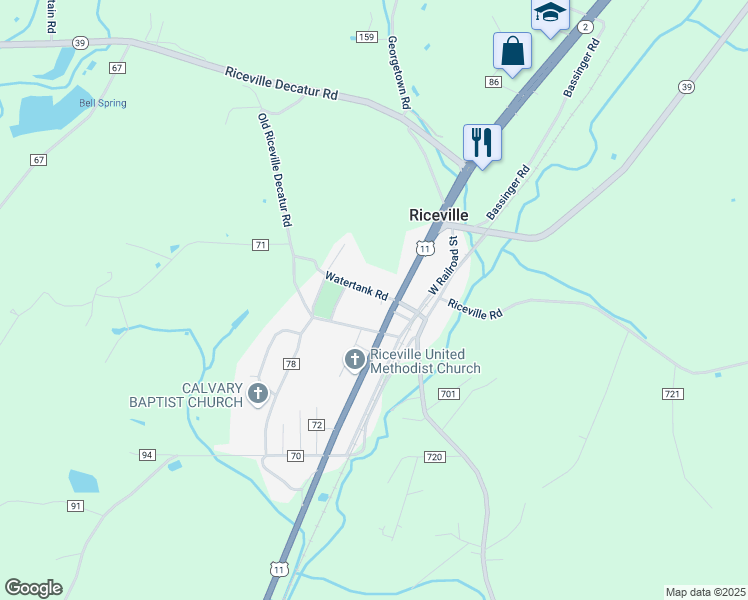 map of restaurants, bars, coffee shops, grocery stores, and more near 127 County Road 79 in Riceville
