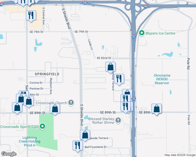 map of restaurants, bars, coffee shops, grocery stores, and more near 523 Helm Parkway in Oklahoma City