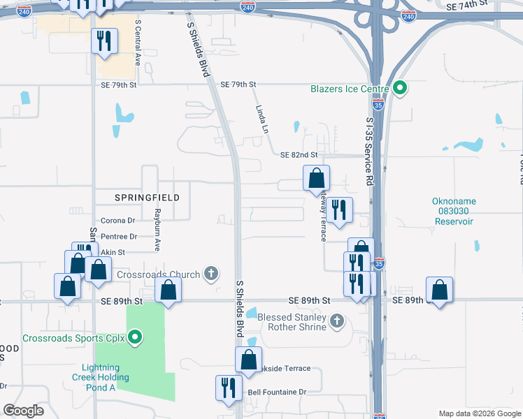 map of restaurants, bars, coffee shops, grocery stores, and more near 523 Helm Parkway in Oklahoma City
