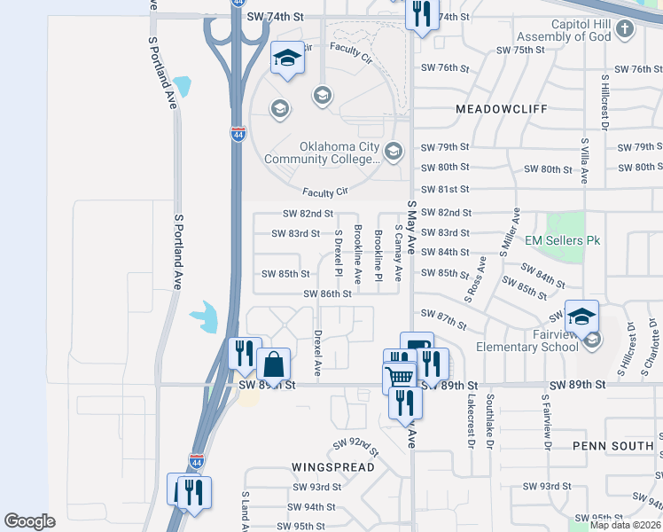 map of restaurants, bars, coffee shops, grocery stores, and more near 8504 South Drexel Place in Oklahoma City