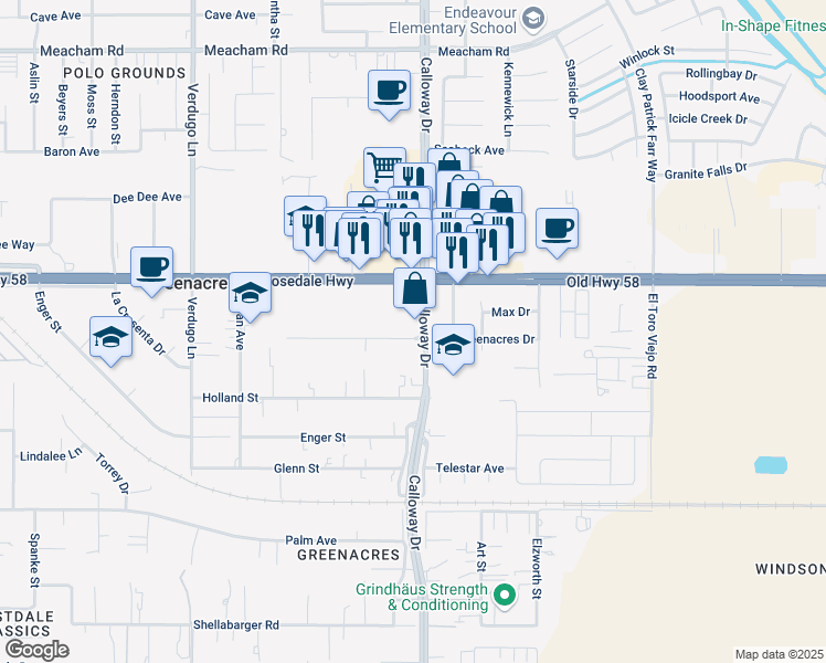 map of restaurants, bars, coffee shops, grocery stores, and more near 2409 Calloway Drive in Bakersfield