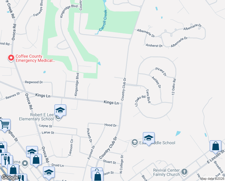 map of restaurants, bars, coffee shops, grocery stores, and more near 1303 Country Club Drive in Tullahoma