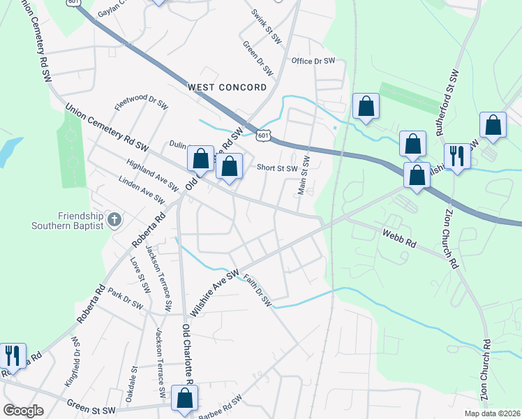 map of restaurants, bars, coffee shops, grocery stores, and more near 634 Union Cemetery Road Southwest in Concord