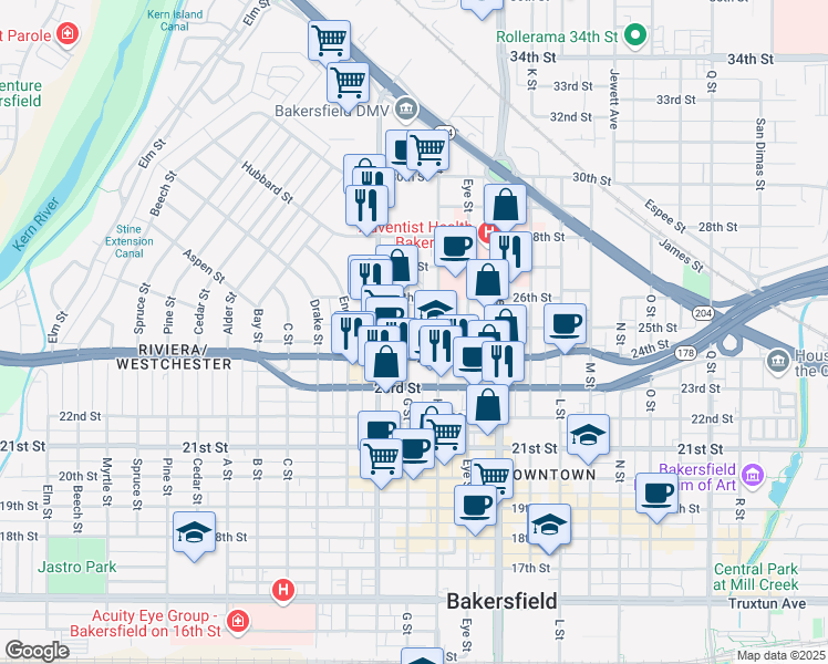 map of restaurants, bars, coffee shops, grocery stores, and more near 2430 G Street in Bakersfield