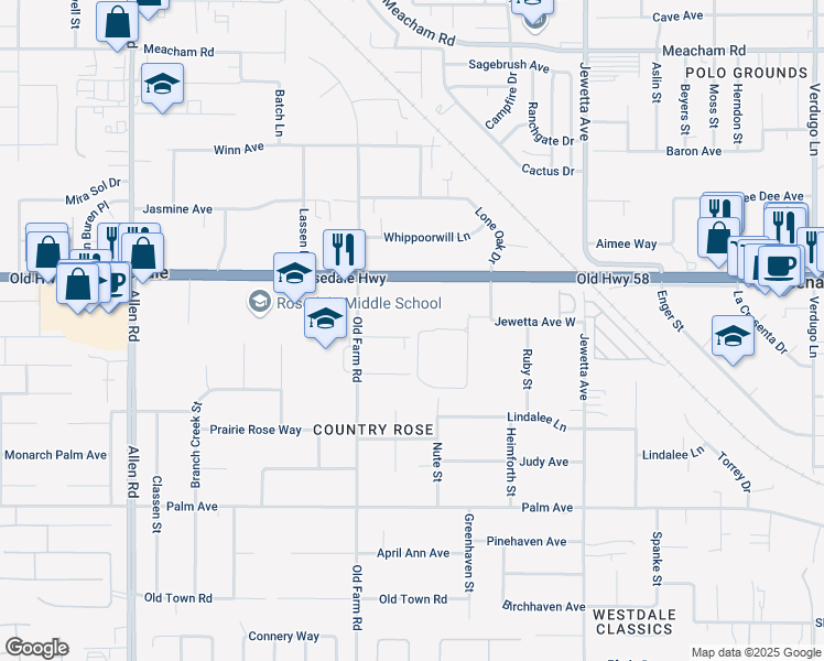 map of restaurants, bars, coffee shops, grocery stores, and more near 11900 Handel Avenue in Bakersfield
