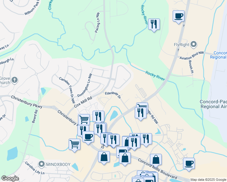 map of restaurants, bars, coffee shops, grocery stores, and more near 2154 Barrowcliffe Drive Northwest in Concord