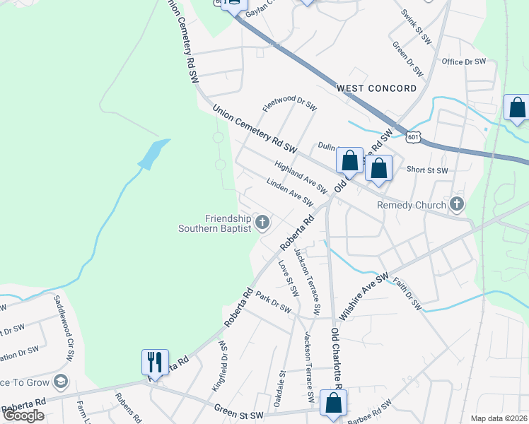 map of restaurants, bars, coffee shops, grocery stores, and more near 167 Alliance Avenue Southwest in Concord