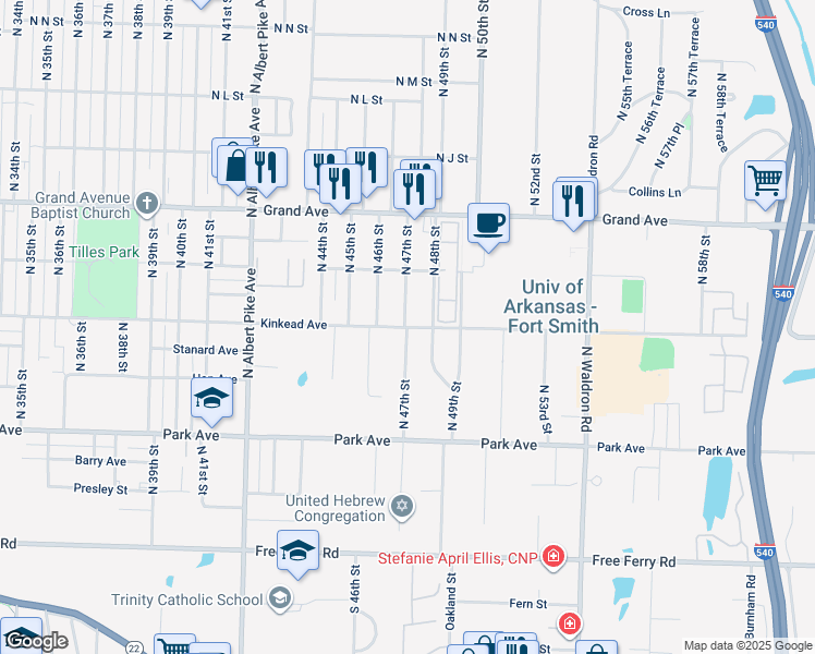 map of restaurants, bars, coffee shops, grocery stores, and more near Kinkead Avenue in Fort Smith